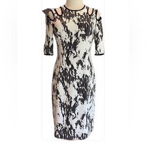 Joseph Ribkoff  Black & Sand Abstract Cutout Short Sleeves Sheath Dress 8